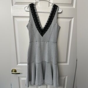 French Connection | Deep V Peplum Bottom | Black and White dress w lace | size 8